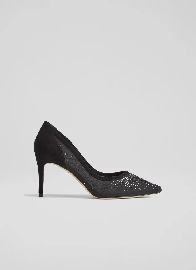 LK Bennett Liberty Black Suede And Crystal Mesh Courts Women Court Shoes