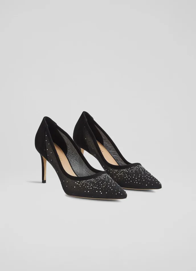 LK Bennett Liberty Black Suede And Crystal Mesh Courts Women Court Shoes