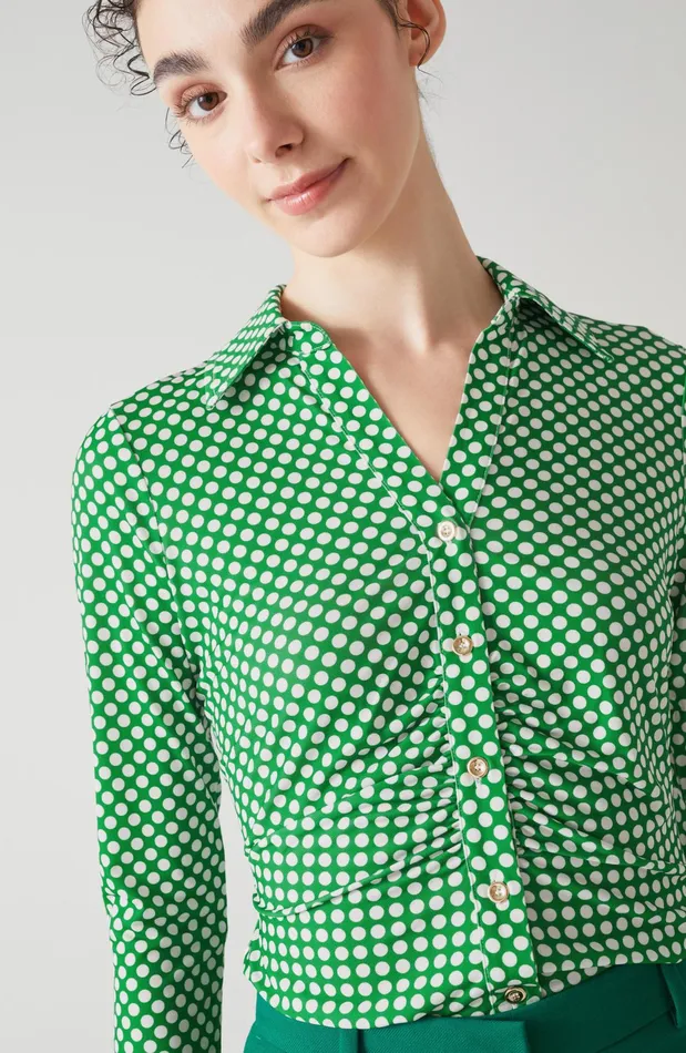 LK Bennett Molly Green And Cream Graphic Spot Print Jersey Top Women Tops