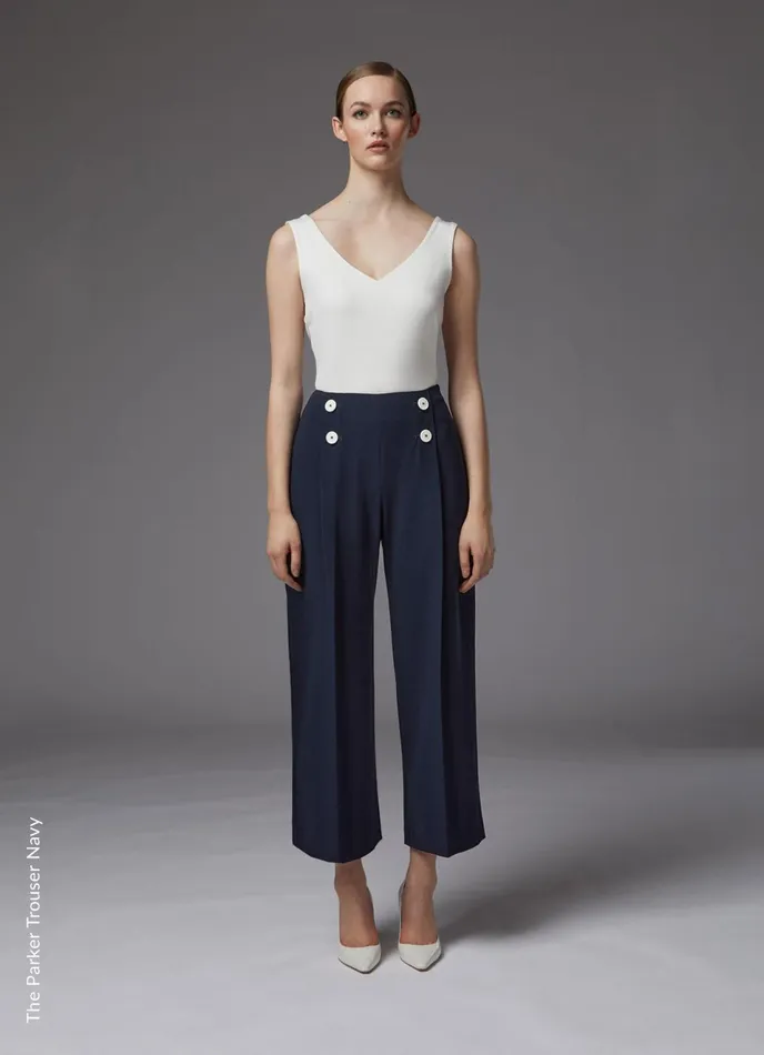 LK Bennett Parker Navy Recycled Crepe Wide Leg Trousers Women Trousers