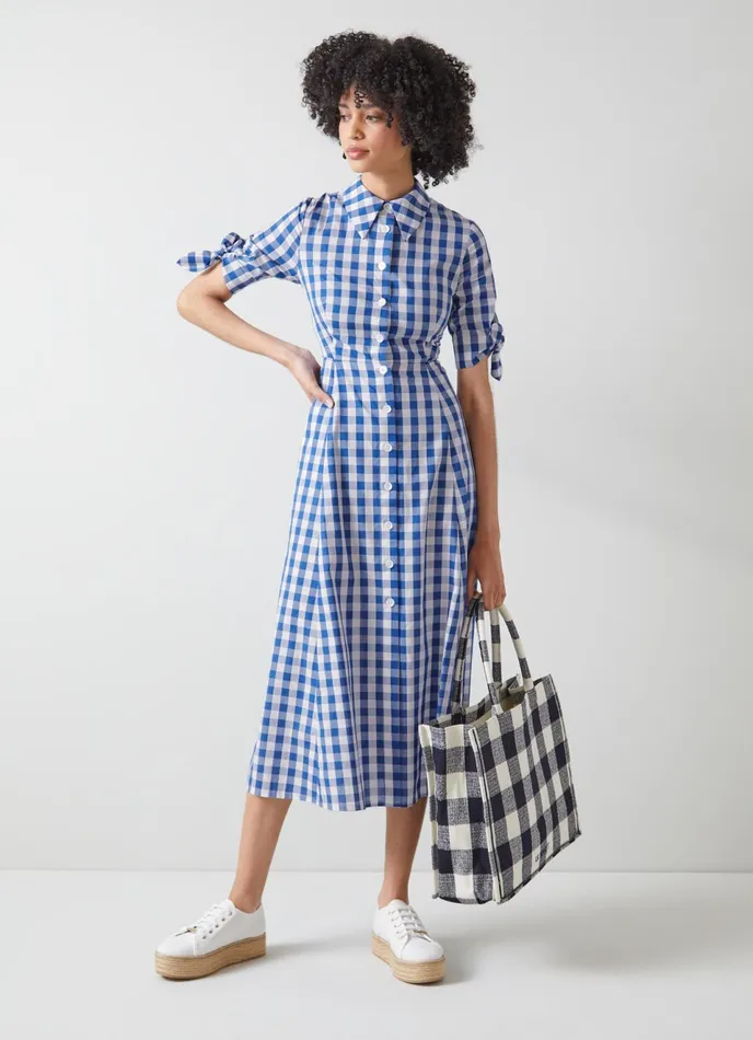 LK Bennett Saffron Blue And White Check Cotton Shirt Dress Women Dresses
