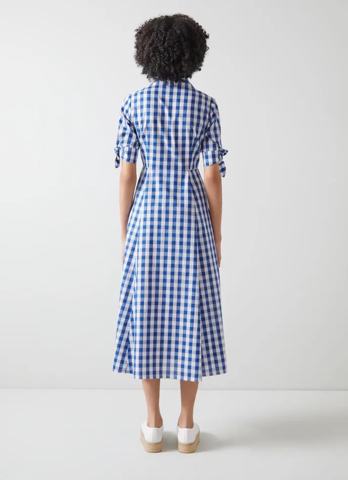 LK Bennett Saffron Blue And White Check Cotton Shirt Dress Women Dresses