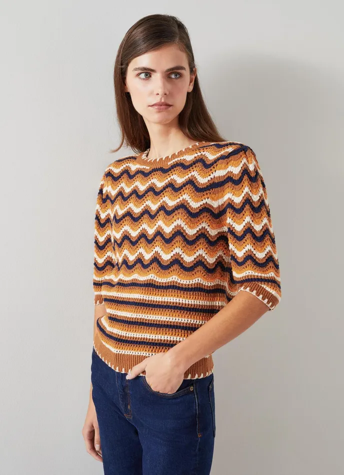 LK Bennett Soni Brown Multi Cotton Wavy Knitted Top Women Knitwear