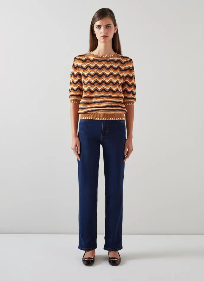 LK Bennett Soni Brown Multi Cotton Wavy Knitted Top Women Knitwear