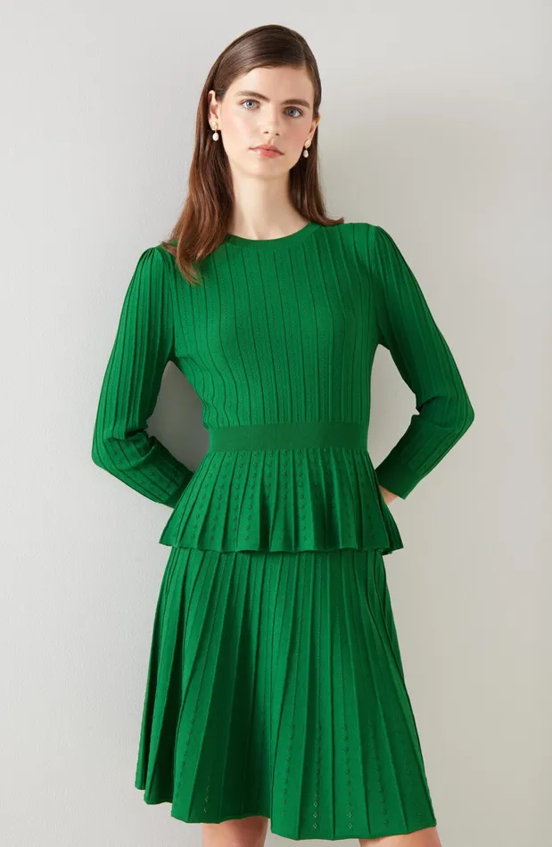 LK Bennett Susannah Green Rib Knit Pleated Peplum Top Women Knitwear