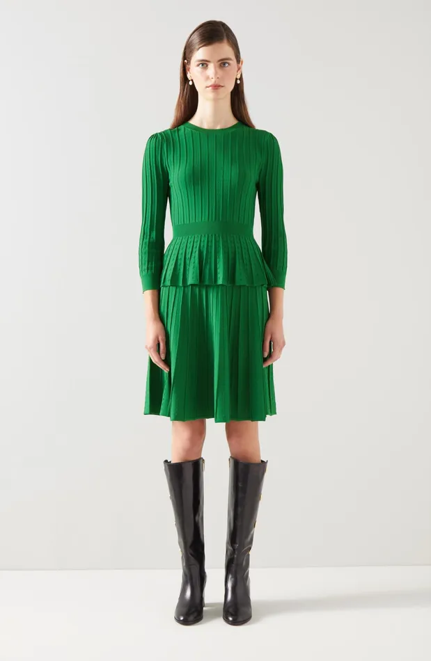 LK Bennett Susannah Green Rib Knit Pleated Peplum Top Women Knitwear