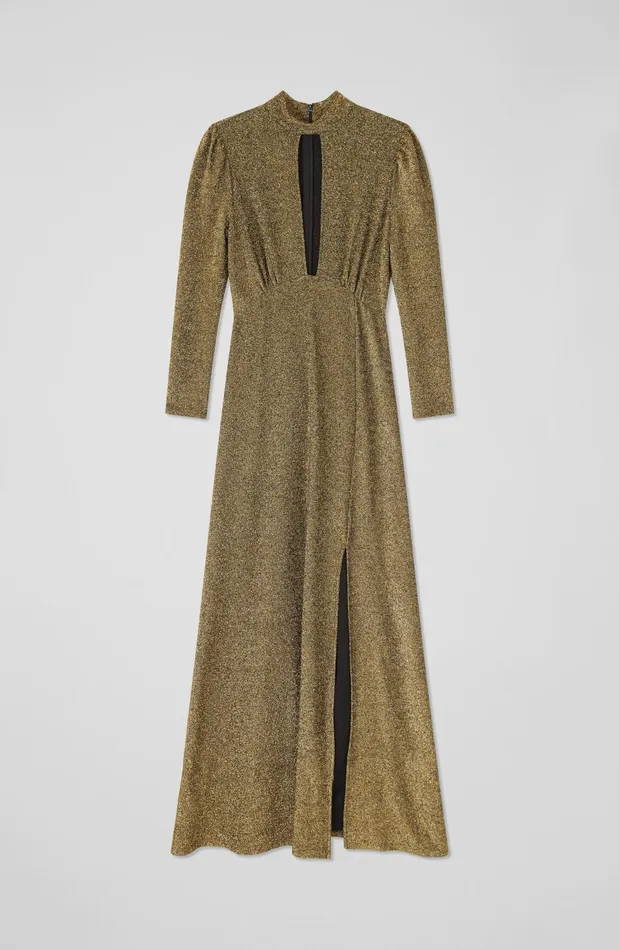 LK Bennett Wilma Gold Metallic SlitFront Maxi Dress Women Dresses