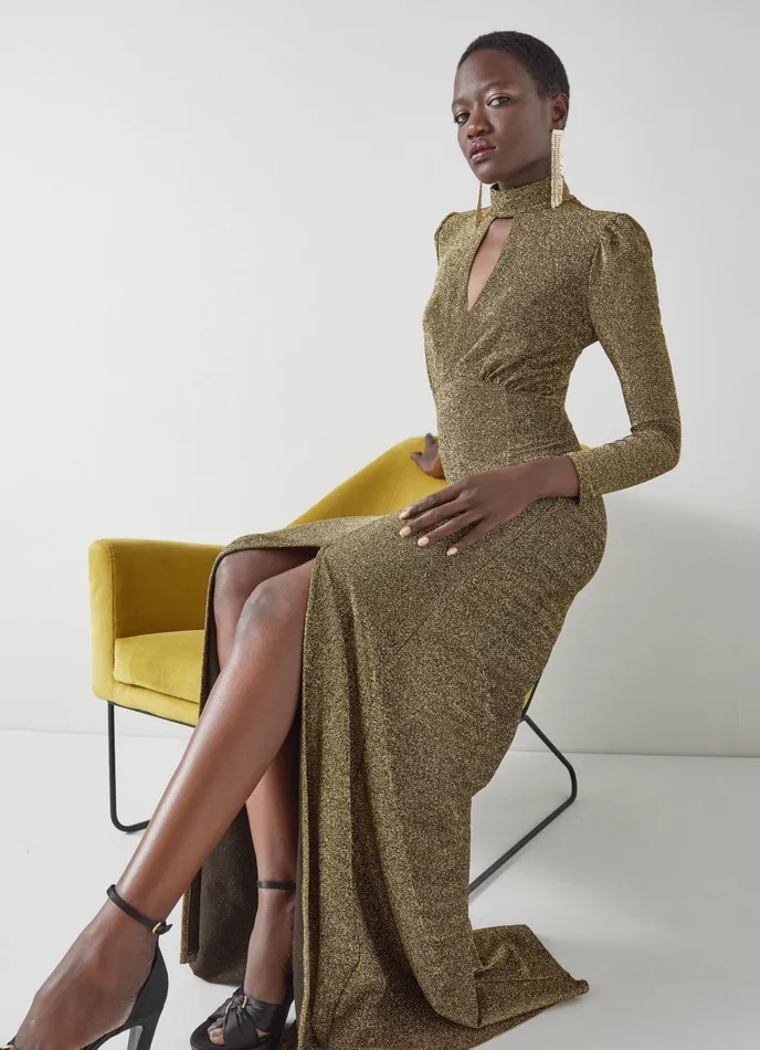 LK Bennett Wilma Gold Metallic SlitFront Maxi Dress Women Dresses
