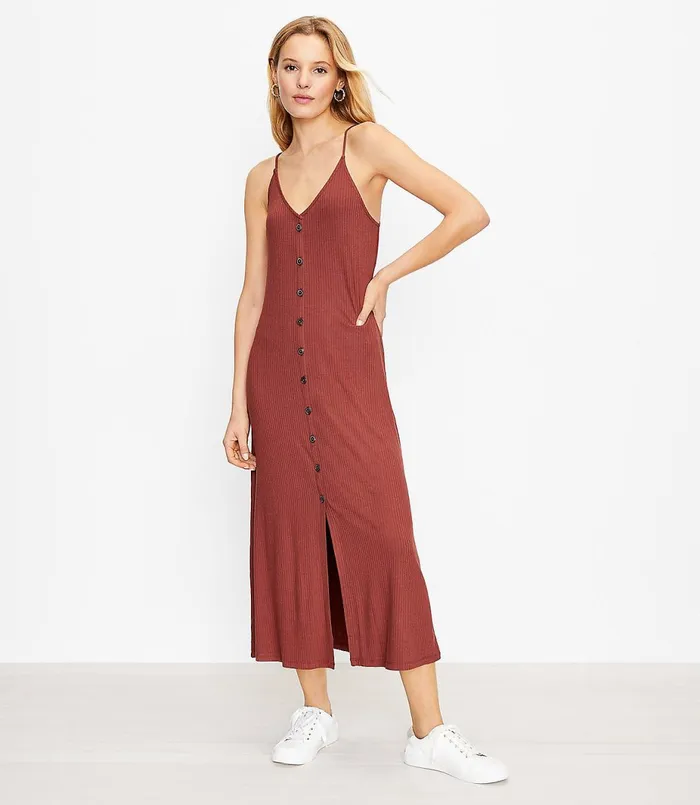 LOFT Button Strappy Midi Dress Lavish Cocoa Women Shift Dresses