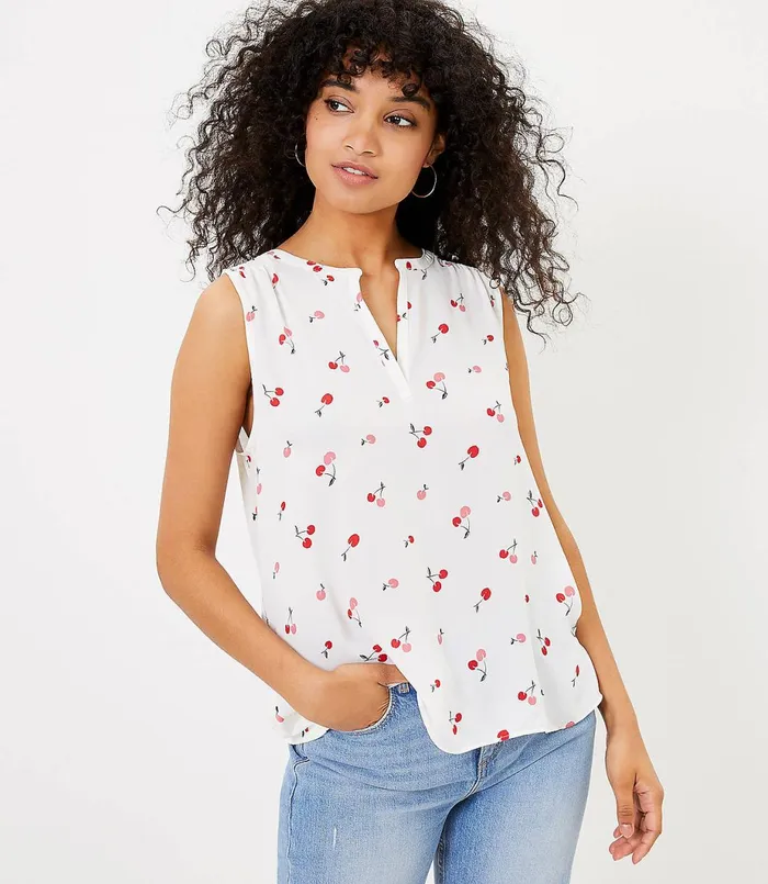 LOFT Cherry Split Neck Mixed Media Shell Whisper White Women Tees