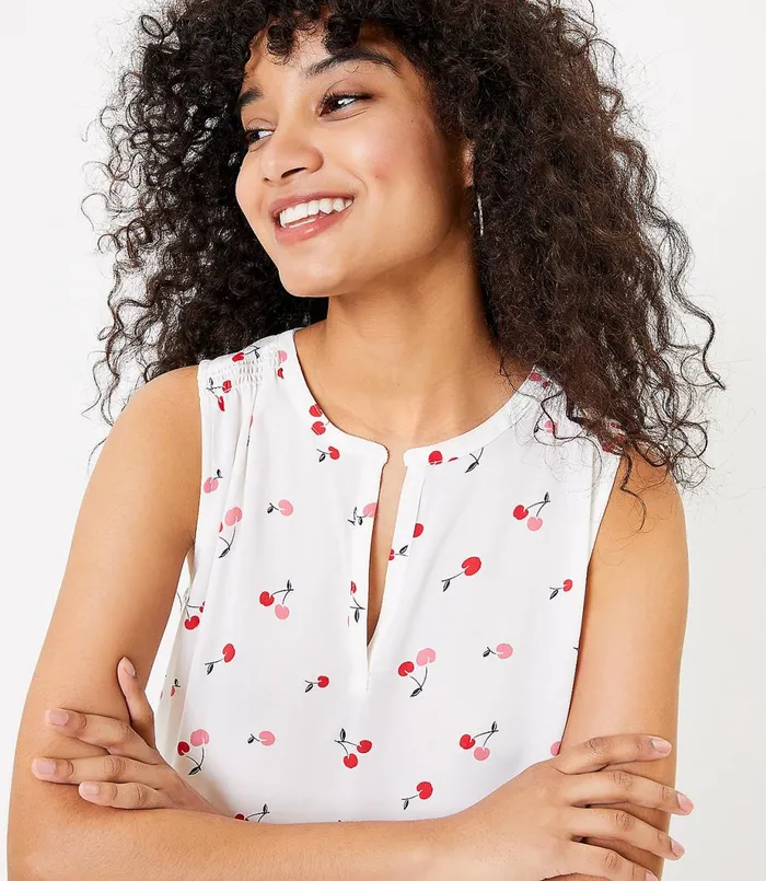 LOFT Cherry Split Neck Mixed Media Shell Whisper White Women Tees