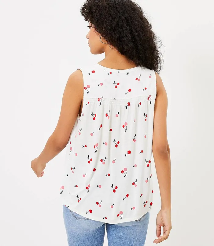 LOFT Cherry Split Neck Mixed Media Shell Whisper White Women Tees