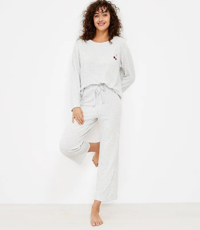 LOFT Cherry Striped Pajama Pants Light Grey Women Sleepwear