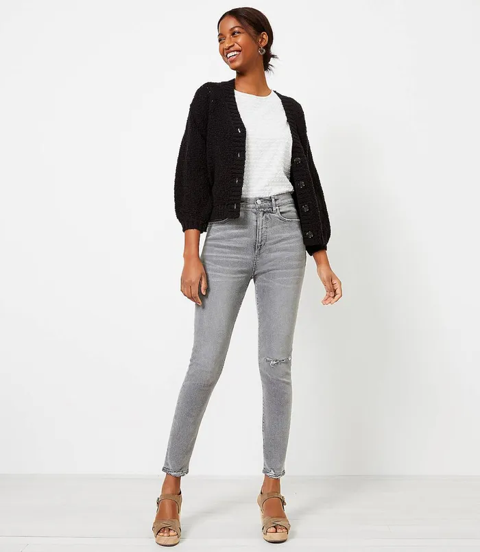 LOFT Chewed Hem High Rise Skinny Jeans In Silver Grey Silver Grey Women Jeans