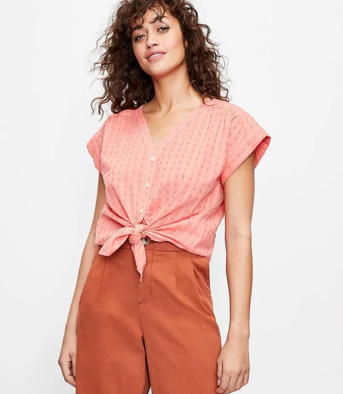 LOFT Clip VNeck Shirt Bright Coral Pink Women Tops