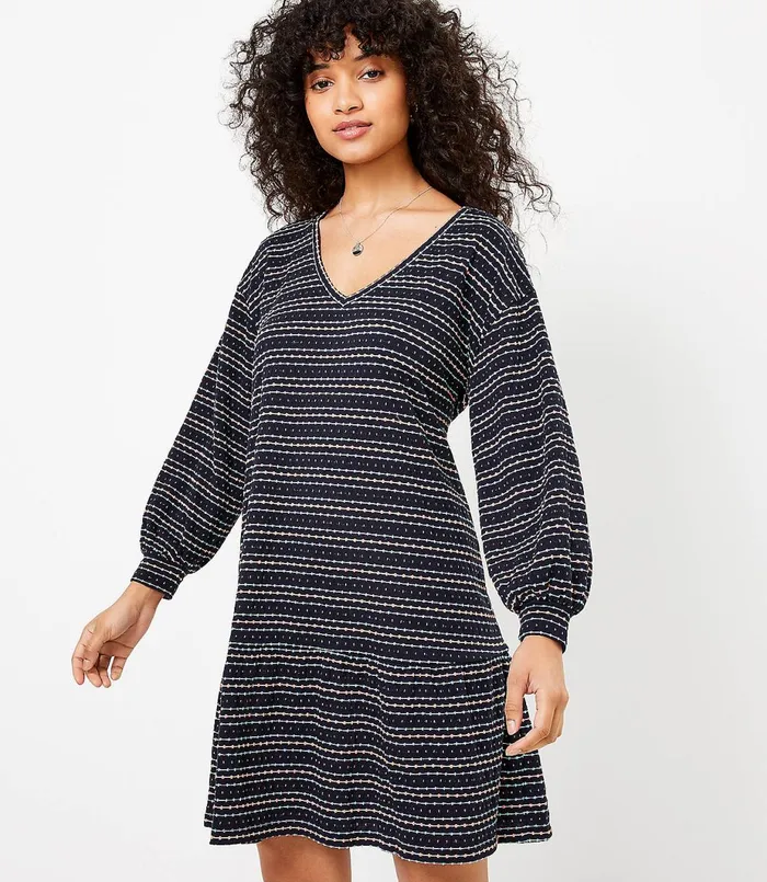 LOFT Dot Stripe Flounce Sweatshirt Dress Midnight Multi Women Swing Dresses