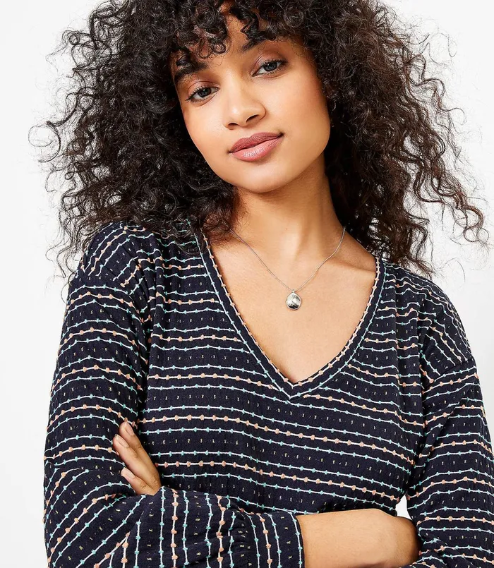 LOFT Dot Stripe Flounce Sweatshirt Dress Midnight Multi Women Swing Dresses