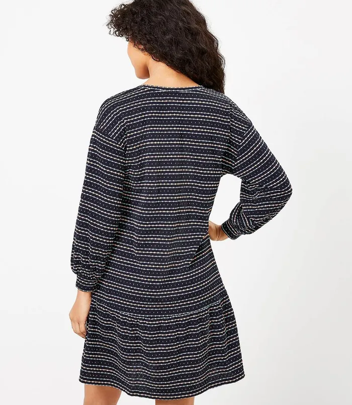 LOFT Dot Stripe Flounce Sweatshirt Dress Midnight Multi Women Swing Dresses
