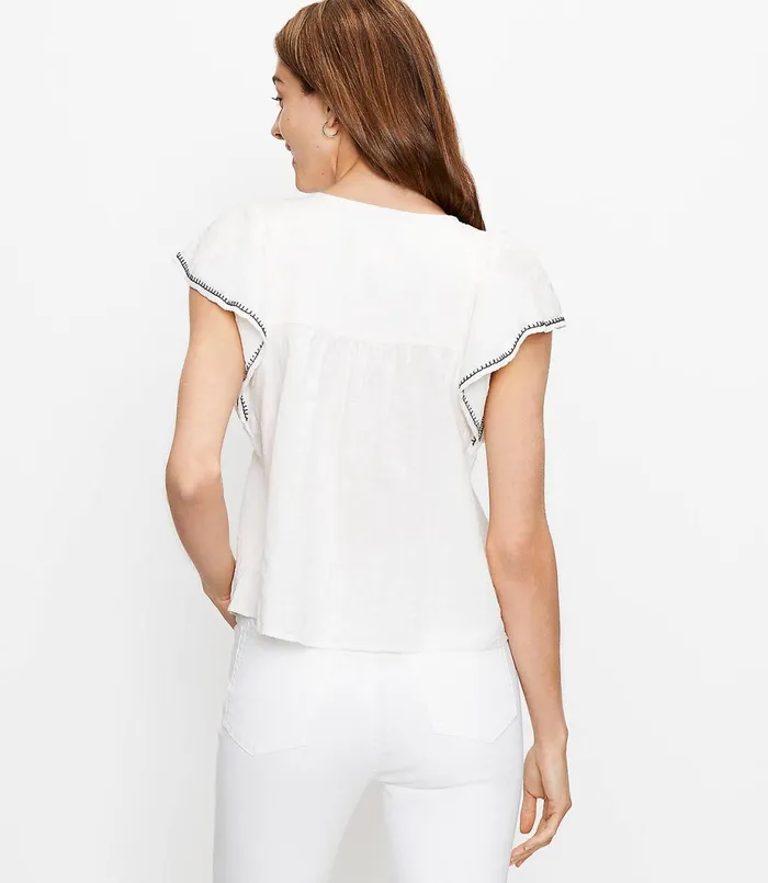 LOFT Embroidered Tasseled Flutter Top Whisper White Women Tops