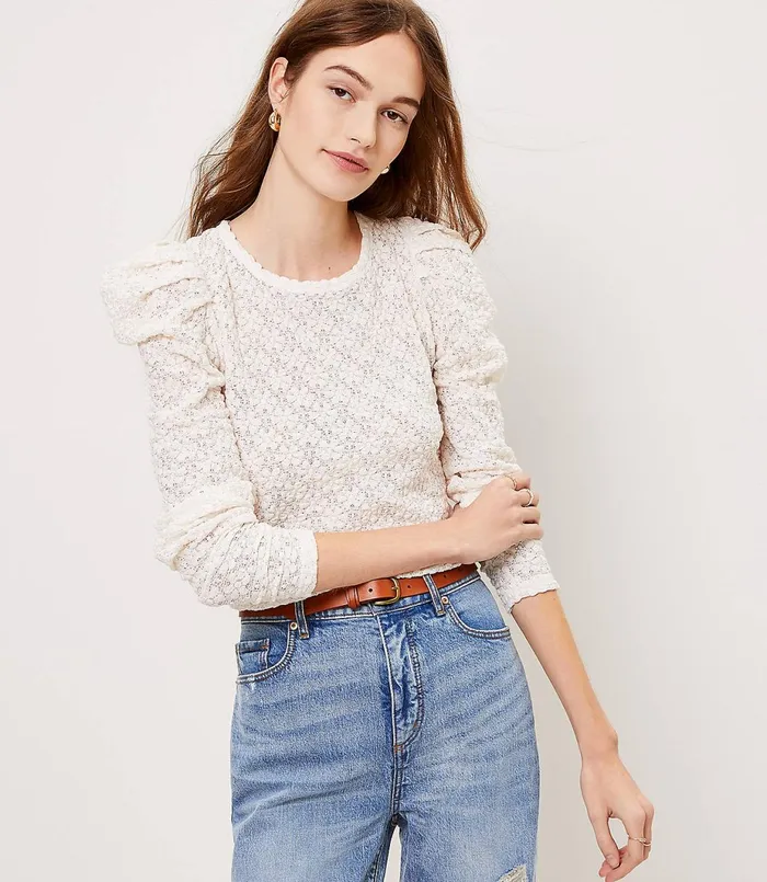 LOFT Floral Lace Pleated Puff Sleeve Top Vintage Olive Women Tees