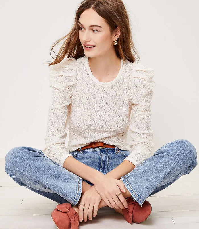 LOFT Floral Lace Pleated Puff Sleeve Top Vintage Olive Women Tees