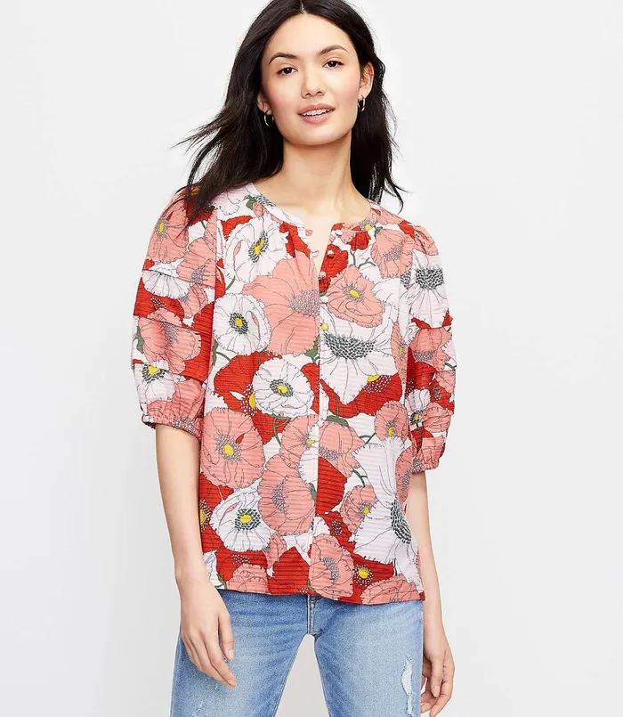 LOFT Floral Pintucked Puff Sleeve Top White Women Tops