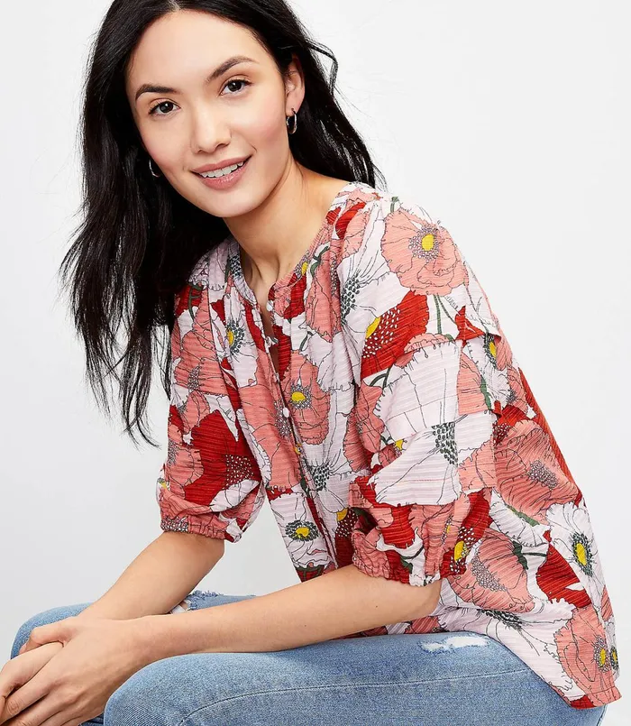 LOFT Floral Pintucked Puff Sleeve Top White Women Tops
