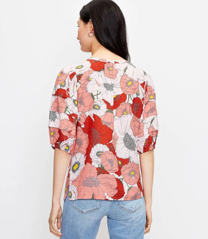 LOFT Floral Pintucked Puff Sleeve Top White Women Tops