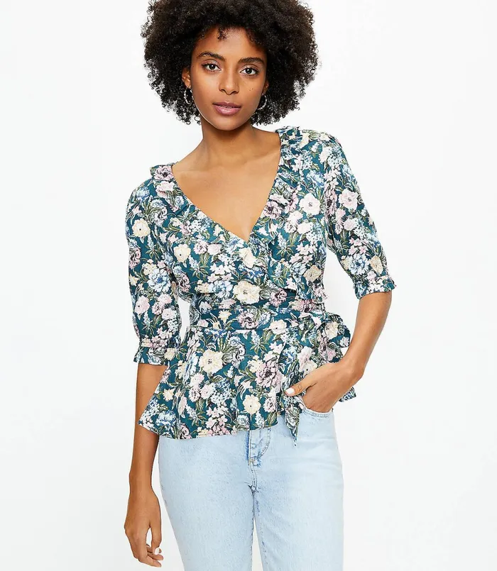 LOFT Garden Ruffle Wrap Blouse Faded Emerald Women Petite Tops