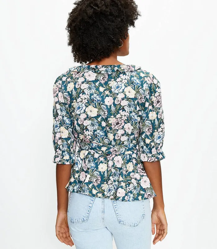 LOFT Garden Ruffle Wrap Blouse Faded Emerald Women Petite Tops