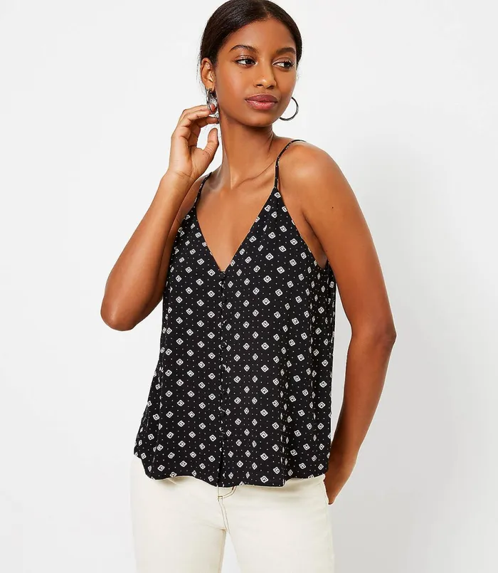 LOFT Geo Covered Button Strappy Cami Black Women Tops