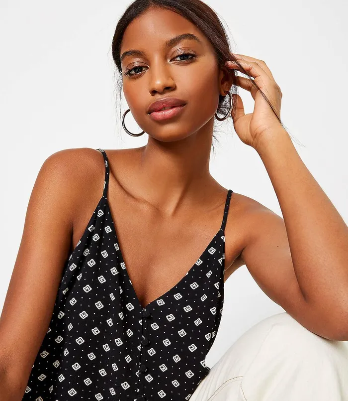 LOFT Geo Covered Button Strappy Cami Black Women Tops