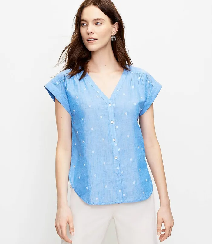 LOFT Geo Embroidered VNeck Shirt Amalfi Baywater Women Tops
