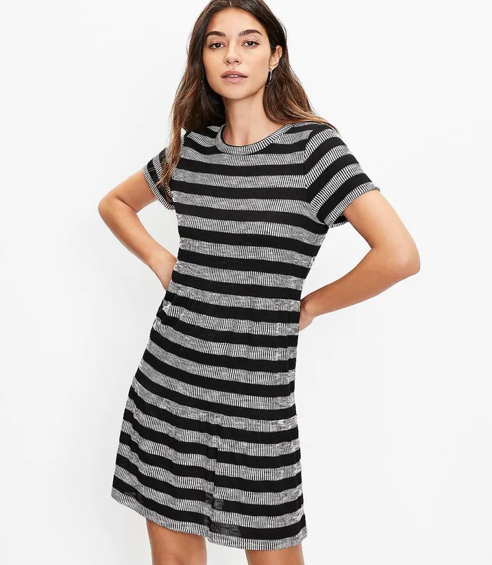 LOFT Geo Striped Tiered Tee Dress Black Women Little Black Dresses