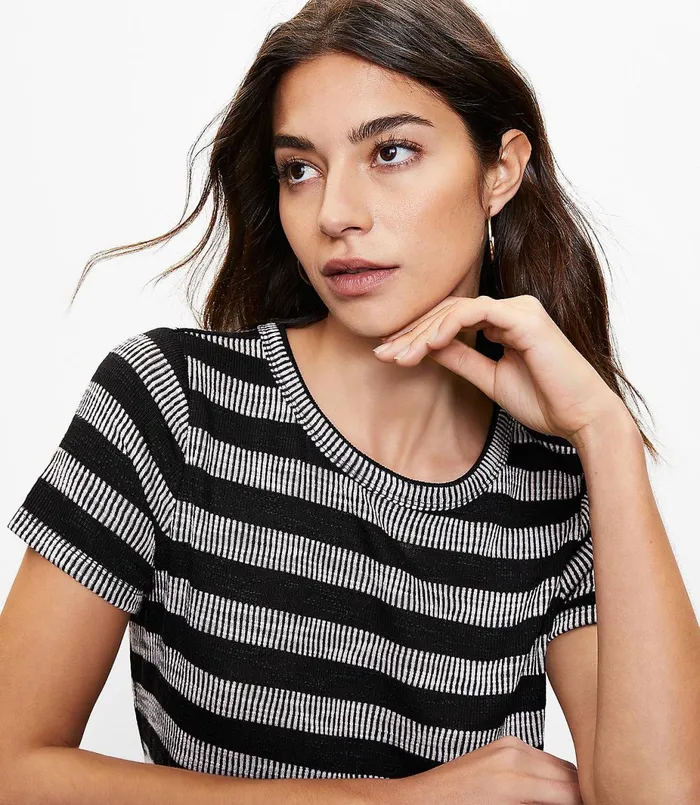 LOFT Geo Striped Tiered Tee Dress Black Women Little Black Dresses