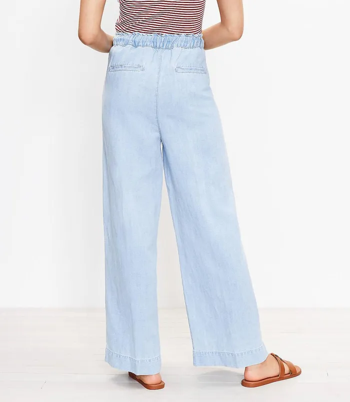 LOFT High Rise Cotton Linen Pull On Wide Leg Jeans In Indigo Mist Indigo Mist Women Jeans