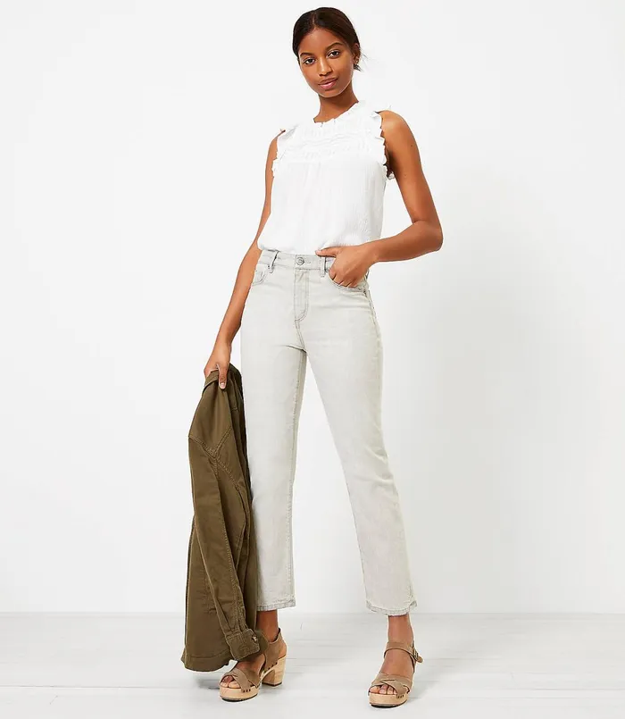 LOFT High Rise Straight Crop Jeans In Light Grey Wash Light Grey Wash Women Jeans