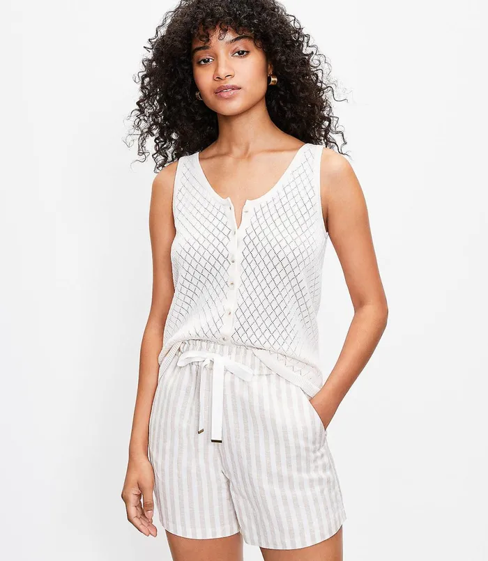 LOFT Lattice Button Sweater Tank Whisper White Women Sweaters