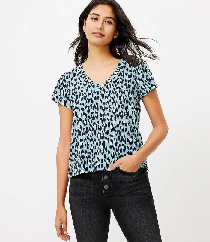 LOFT Leopard Print Everyday VNeck Tee Blue Seaglass Women Tees