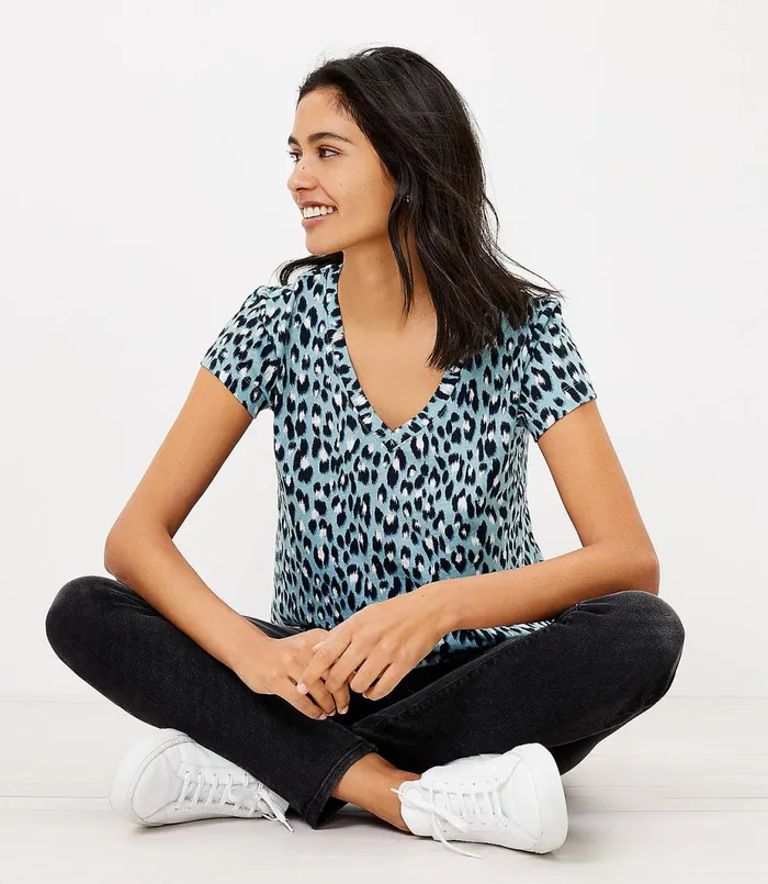 LOFT Leopard Print Everyday VNeck Tee Blue Seaglass Women Tees