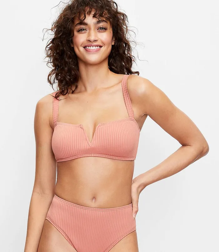 LOFT LOFT Beach Ribbed VBar Bikini Top Rose Dusk Women Swim and Beach