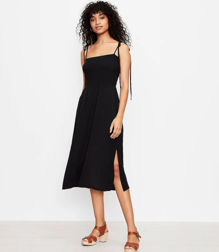 LOFT LOFT Beach Smocked Tie Strap Midi Dress Black Women Little Black Dresses