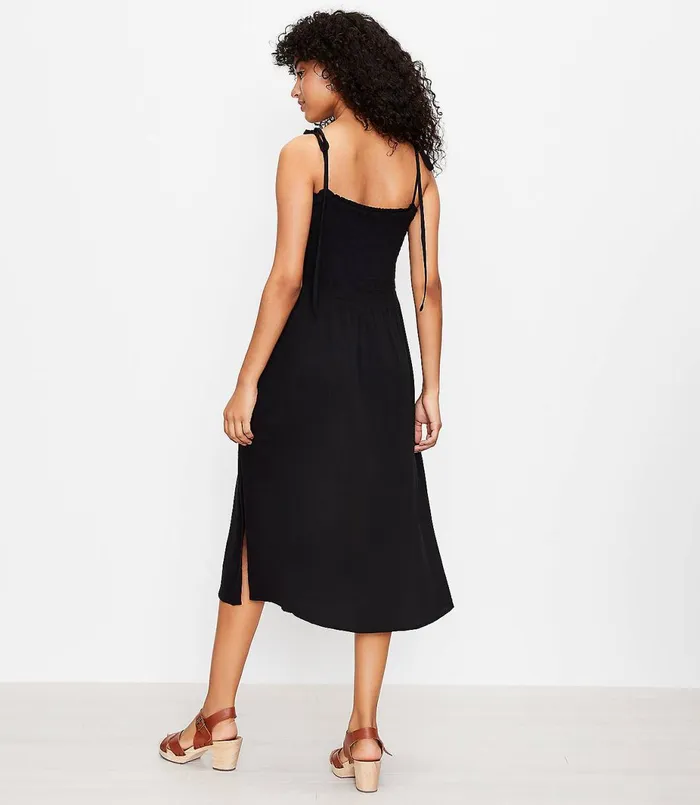 LOFT LOFT Beach Smocked Tie Strap Midi Dress Black Women Little Black Dresses
