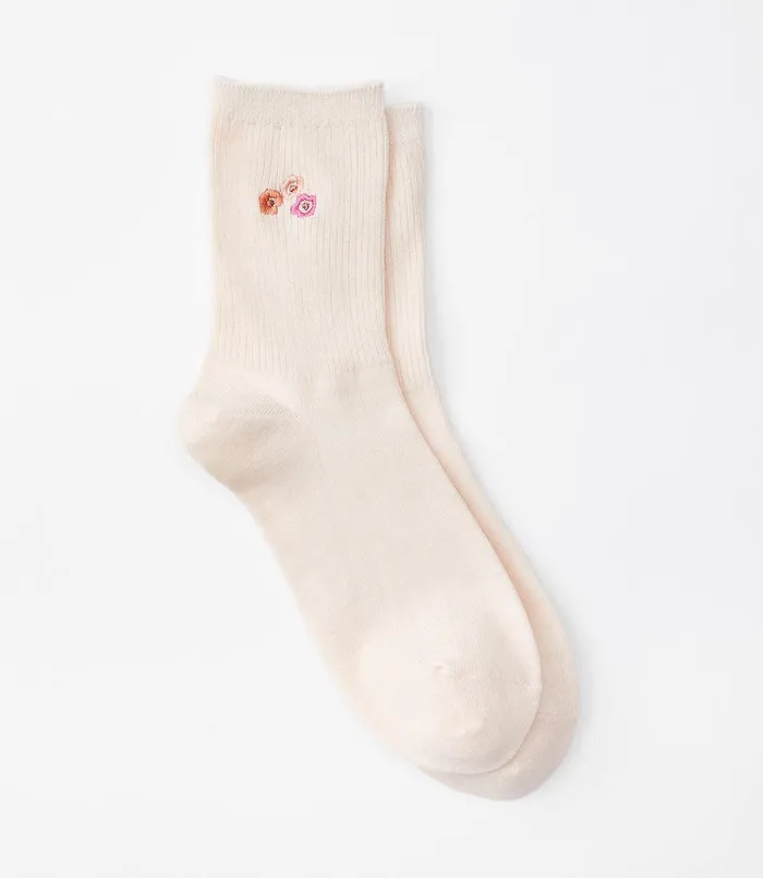 LOFT Lou and Grey Wildflower Embroidered Ribbed Crew Socks Delicate Seashell Women Socks