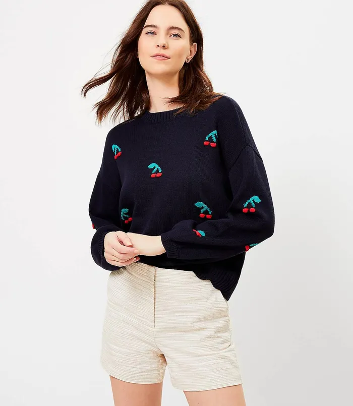 LOFT Petite Cherry Bobble Sweater Forever Navy Women Petite Sweaters