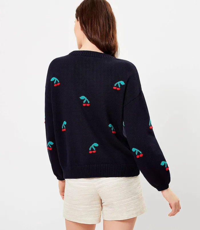 LOFT Petite Cherry Bobble Sweater Forever Navy Women Petite Sweaters