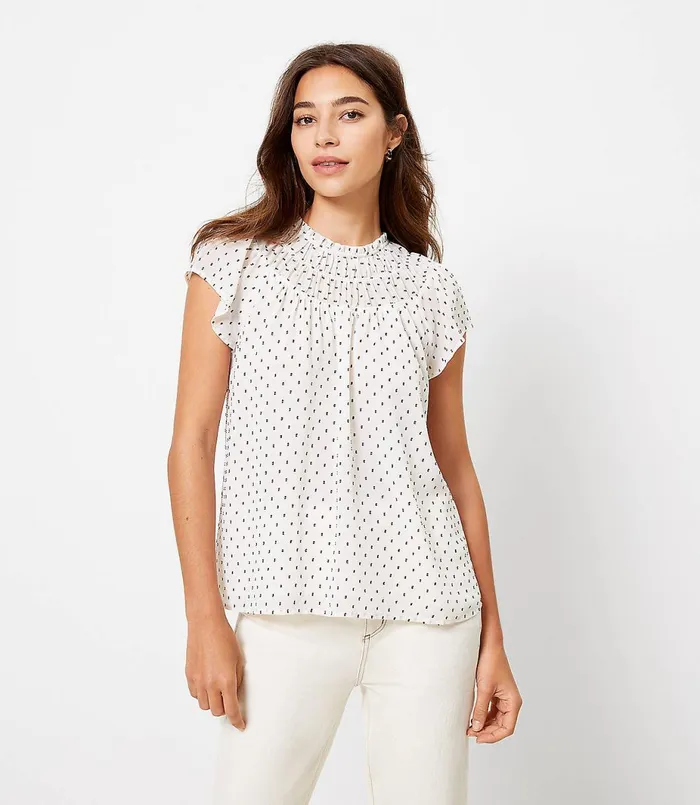 LOFT Petite Clip Smocked Neck Shell Whisper White Women Petite Tops