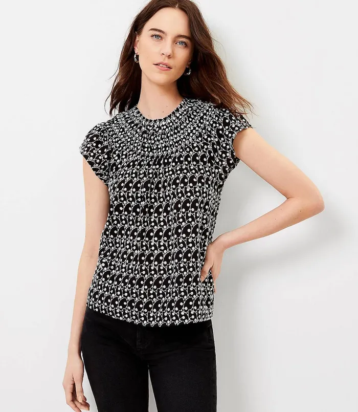 LOFT Petite Embroidered Smocked Neck Shell Black Women Petite Tops