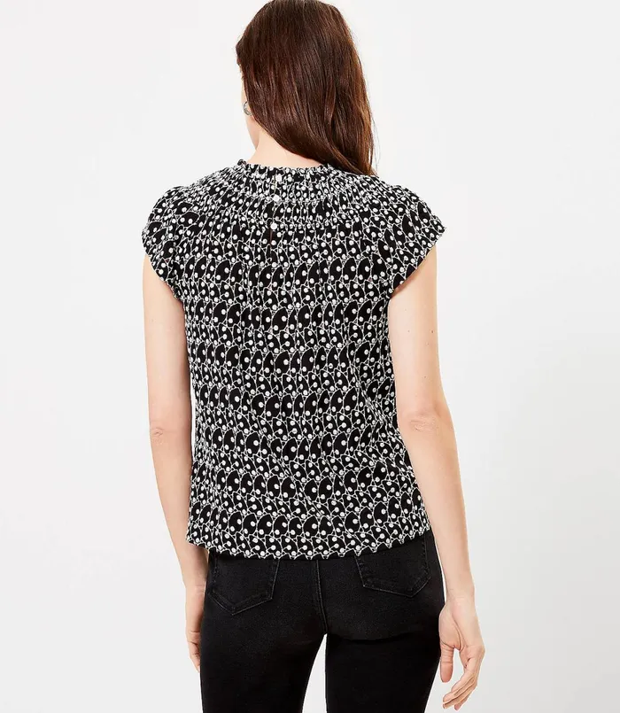 LOFT Petite Embroidered Smocked Neck Shell Black Women Petite Tops