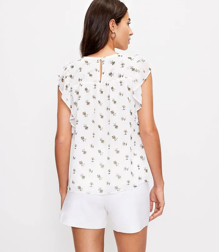 LOFT Petite Floral Smocked Flutter Sleeve Shell Whisper White Women Petite Tops